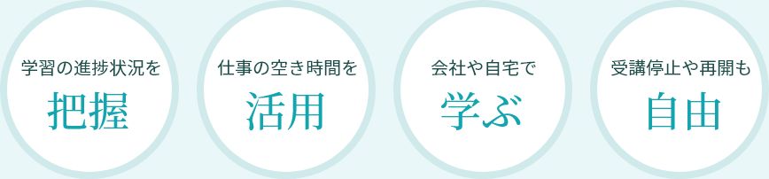 進捗を把握・空き時間を活用・どこでも学べる・停止や再開も自由