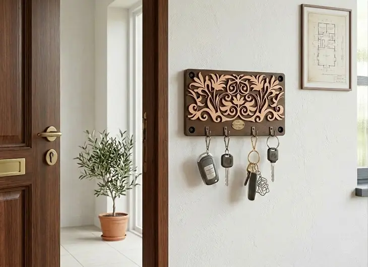 明るい玄関の白い壁に設置された、植物モチーフの透かし彫りが施されたアンティーク調の木製キーフック