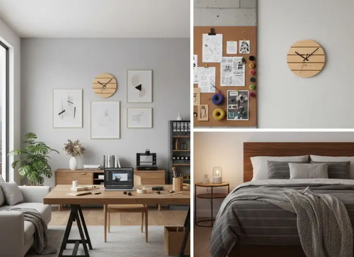 明るい木調のアトリエに飾られた円形木製時計。デスクにはPCやレーザーカッターが並び、クリエイティブな制作環境に馴染むデザイン。