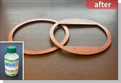 円形のウォールシェルフの前面・背面に水性ウレタンニスを塗布した写真