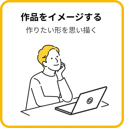 Step1：作品をイメージする。男性がパソコンの前で、これから作りたい六角形の形を思い描いているイラスト。