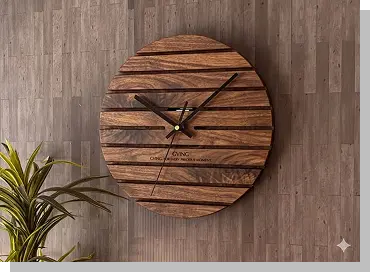 3DCADでデザインされた、重厚感のあるダークウォールナット調の木製壁掛け時計のアレンジ作品。