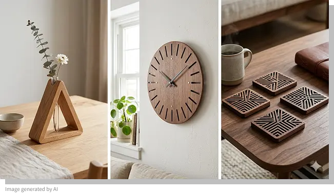 デジタル工作で制作された木製雑貨の販売イメージ。三角形の一輪挿し、モダンなデザインの掛け時計、繊細な幾何学模様のコースターなど、インテリアに馴染む高品質な作品群