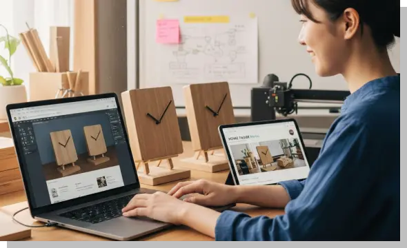 ノートPCで3DCADソフト「Fusion」を操作し、木工雑貨の設計データを作成している女性の様子。デスクには試作した時計などが並んでいる。