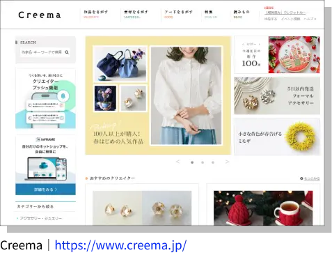 ハンドメイドマーケット（Creema等）のショップ画面イメージ。自宅で制作した作品をネットショップで販売し、副収入を得るプロセスの可視化。