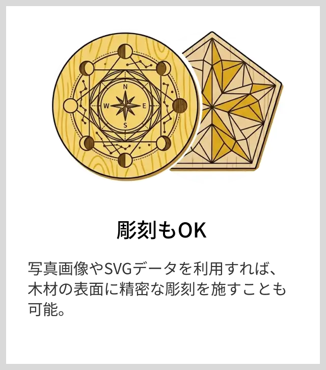 写真やSVGデータを用いて、円形の木板の表面に幾何学模様や緻密な星座図のようなデザインが精密に彫刻された作品のイラスト