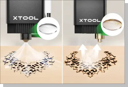 エアアシストの効果を比較する図。左側は空気の噴射で煙を吹き飛ばしレンズを保護している様子。右側はアシストがなく煙が立ち上り、レンズが汚れてしまっている様子。
