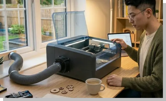 明るい窓際のデスクにレーザーカッターを設置し、加工中の様子を静かに見守る日本人男性の様子。マシンからは排気ダクトが窓の外へと伸びており、自宅で安全にモノづくりを楽しむライフスタイルを表現したイメージ画像。