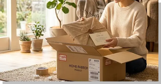 陽光が差し込む部屋で、届いたばかりの段ボールを開封し、丁寧にラッピングされた作品とサンキューレターを手に取る様子。注文した作品が無事に届き、胸を高鳴らせながら中身を確認している、ユーザー視点のシーン。