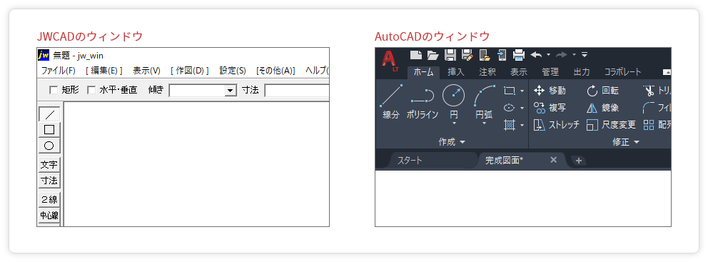 JWCADとAutoCADのウィンドウの違い